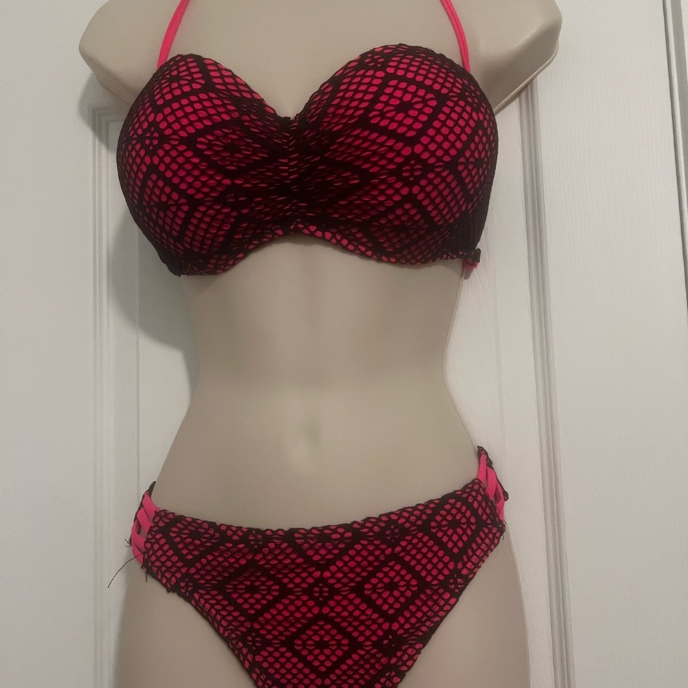 Pink and Black Lace Bikini Set